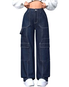 Jeans cargo à jambes larges en indigo foncé pour femmes, pantalon en denim taille haute, surpiqûres contrastées, poches utilitaires, streetwear, fournisseur OEM - Product Image 1