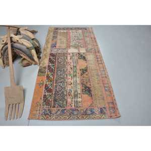 Alfombra Turca Vintage, Alfombra de 3.4x7.3 pies, Alfombra de Lana con Diseño Floral en Naranja y Azul - Product Image 1
