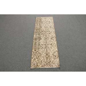 1.7x4.8 ft Small Turkish Rug Vintage Patchwork Design Eco Friendly <b>Brown</b> White <b>Wool</b> Rug with Latex Backing - Product Image 1