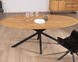Table à manger moderne en bois de teck massif de forme ovale industrielle avec pieds en forme d'araignée, finition sablée, métal noir, salle à manger, cuisine, maison - Product Image 4