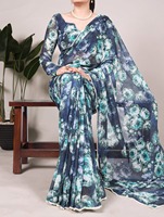 Saree léger en georgette en fausse fourrure avec motif floral, blouse respirante à bordure en dentelle perlée pour toutes les occasions