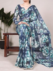 Saree léger en georgette en fausse fourrure avec motif floral, blouse respirante à bordure en dentelle perlée pour toutes les occasions - Product Image 3