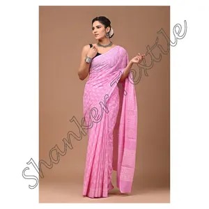 Mulheres Saree Hand Block Print Algodão Mulmul Tecido Desgaste Indiano Com Blusa Para As Mulheres A Preço De Atacado Woman Wear Designer Fancy