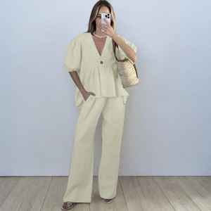 Ensemble coordonné en coton uni vintage bleu, écologique, respirant, avec poignets boutonnés, haut à manches bouffantes, pantalon large, 2 pièces, fabriqué en Inde - Product Image 5