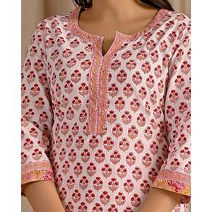 Ensemble Kurta et pantalon en coton blanc, imprimé motif Butta Block, style décontracté pour la saison printanière - Product Image 2