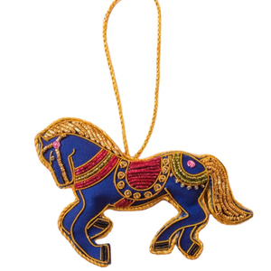 Beautiful horse design <b>blue</b> and gold coloured seed beaded embroidery handmade keychain and <b>bag</b> accessories from India - Product Image 1