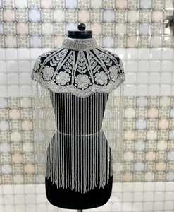 Luxurious Hand <b>Bead</b> Embroidered Evening Party Dress <b>Fringed</b> Cape with Heavy Shining Worn Club Perfect Design Made Chiffon Fabric - Product Image 4