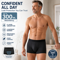 Caleçons Boxers d'Incontinence OEM 300 ml, 5 Couches, Séchage Rapide, Anti-Fuites, Anti-Odeur, Réutilisables pour Hommes