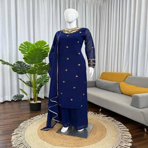 Top brodé en fausse georgette avec Plazoo uni confortable et Dupatta assorti, idéal pour les boutiques et les revendeurs - Product Image 4