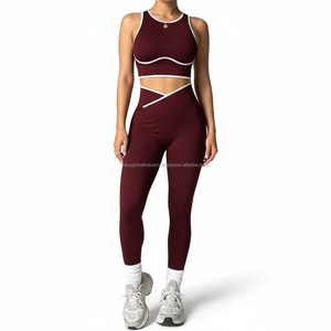 Conjunto de Yoga Acanalado Personalizado OEM para Mujer, 2 Piezas, Ropa de Gimnasio, Leggings con Cintura en V y Top Corto con Ribete en Contraste, Atuendo Deportivo Sin Costuras para Entrenamiento - Product Image 1
