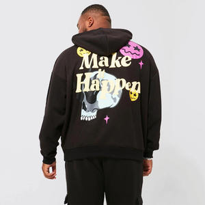 <b>Men's</b> Oversized Hooded Sweatshirt Cartoon Print Streetwear <b>Black</b> Cotton French Terry Regular Fit Front Logo Autumn Style - Product Image 2