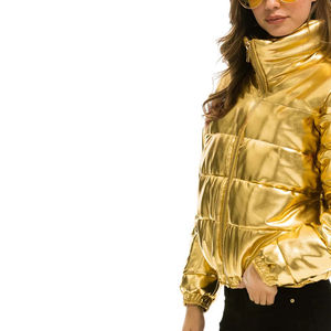 Veste matelassée imperméable coupe-vent à fermeture éclair intégrale avec bas élastique personnalisé, effet métallique brillant doré, style automne, pour femmes - Product Image 4