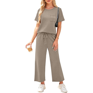 เทอร์รี่ผสมผ้าฝ้ายน้ำหนักเบาสำหรับผู้หญิงคุณภาพสูงชุดเสื้อผ้า2ชิ้นทรงหลวมเข้ารูปสบายๆลายพื้นสำหรับฤดูใบไม้ผลิ/ฤดูร้อน - Product Image 2