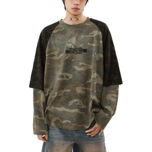 Camiseta de calle de gimnasio de algodón 100% para hombre, camisas de punto ligeras de color sólido de manga larga con cuello redondo holgadas de doble capa - Product Image 1