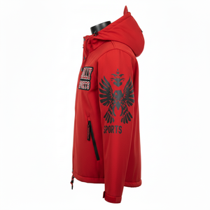 <b>Men</b> Premium Softshell Jacket Polyester Spandex Bonded <b>Fleece</b> <b>Red</b> Hooded Custom Embroidery Heat Transfer Logo - Product Image 3