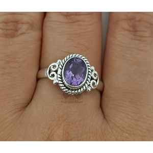Handmade Dainty Amethyst Oval Crystal <b>Ring</b> Boho <b>Statement</b> Gift for Her Birthday Anniversary Christmas in Sterling <b>Silver</b> - Product Image 4