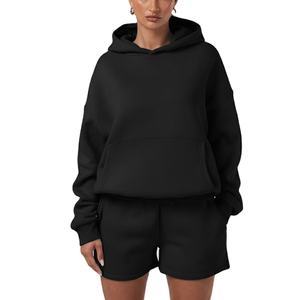 Personnalisé femmes automne/hiver couleur unie à manches longues à capuche deux pièces ensemble Badge avant conception 100% coton à la mode décontracté - Product Image 1