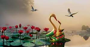 Veelkleurig Geschilderd Aluminium Beeld Van Een Paar Kussende Eenden Op Maat Bedrukt Vastu Decoratief Tafelbureau Aan Huis - Product Image 2