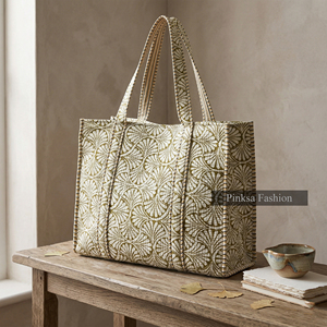 Indian Hand Block Print Quilted Cotton Tote <b>Bag</b> Large Capacity Women <b>Boho</b> Shoulder <b>Bag</b> Reusable Eco Friendly Summer Autumn - Product Image 3