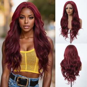 ROXY DWY Long Middle Lace Parting Wavy Synthetic <b>Wig</b> Red with Transparent Lace Color - Product Image 2