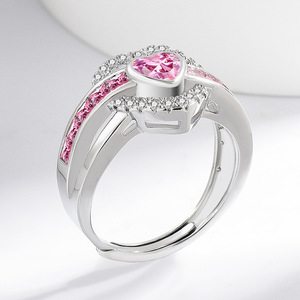 Anello a Cuore in Ottone Placcato Argento con Zircone Rosa, Regolabile, Gioiello di Lusso per Donne - Product Image 3