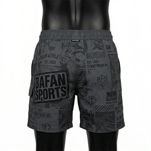 กางเกงว่ายน้ำชาย 130 GSM แห้งเร็ว โพลีเอสเตอร์ สีเทาเข้ม-ดำ พิมพ์ลายกราฟิกแบบ Sublimation สกรีนโลโก้ได้ ชุดชายหาด กางเกงขาสั้นชาย - Product Image 5