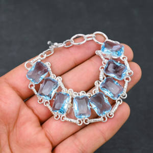 Topaze bleue en pierre précieuse de laboratoire certifiée IGI Luxe 925 plaqué argent fait à la main Style chaîne Bracelet Designer Fine Wedding Party - Product Image 3