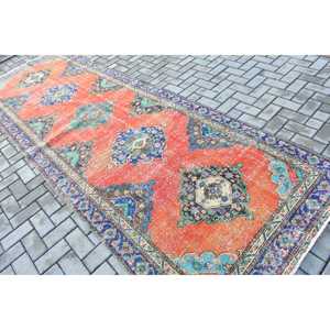 Vintage <b>Runner</b> Rug 4.2x12.3 ft (129x375 cm), Turkish <b>Red</b> Oriental Wool Rug - Product Image 4