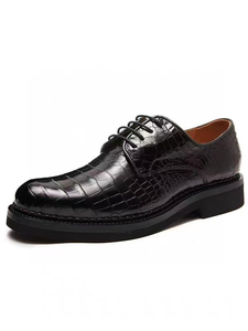 Chaussures habillées de luxe pour hommes en cuir à motif alligator – Chaussures de ville noires à lacets à semelle épaisse - Product Image 3