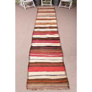 Vintage Turkish Rug, 2.5x13.8 ft Kilim Rug, <b>Brown</b> Red Abstract <b>Wool</b> Rug - Product Image 1