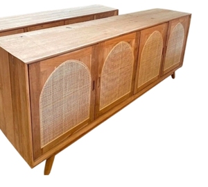 Meuble de salon en teck massif de style mid-century modern avec portes à panneaux surélevés en rotin, 1 compartiment, 4 étagères, meuble de rangement pour la maison - Product Image 2