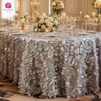 Nappe HuaLai 120 pouces en taffetas argenté brodé de feuilles 3D pour banquets de mariage de luxe, taille personnalisée, vente en gros