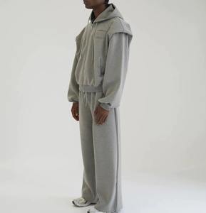 OEM Custom Winter Double Waisted Baggy Stacked Pants <b>Sweat</b> Suit Y2k Zip Rhinestone Flare Sweatpants Hoodie <b>Set</b> 100% Cotton Air - Product Image 2