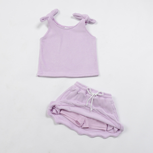 Ensemble décontracté <span class=keywords><strong>2</strong></span> pièces en tissu éponge pour enfant : Haut sans manches à nœud sur les épaules et short festonné, doux et chaud, personnalisable OEM - Product Image 3