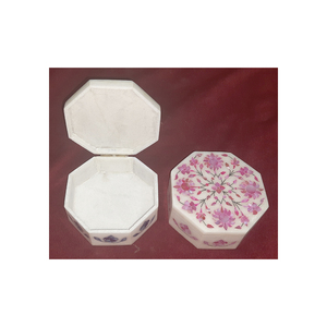 White Marble Mother of Pearl Inlay Work <b>Blue</b> and Pink Color <b>Box</b> Octagonal Shape Jewelry <b>Box</b> for Gifting Purpose Marble Inlay <b>Box</b> - Product Image 1