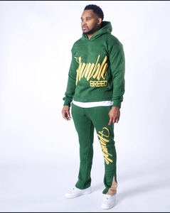 Logo personnalisé Ensemble pantalon de survêtement et sweat à capuche évasé à imprimé bouffant 3D en éponge française pour hommes - Product Image 1