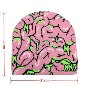Y2K sans manchette tricots fabricant adulte drôle Latex exposé cerveau Jacquard motif tricot bonnet chaud hiver chapeaux sans manchette - Product Image 1