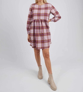 Robe d'été décontractée à carreaux, col rond, manches longues avec poignets élastiques, taille cintrée, longueur genou, 100% coton jersey, coupe trapèze - Product Image 5