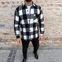 Erkekler Smart Casual Overshirt saten uzun kollu çift göğüslü düğme ekose Shacket gömlek Streetwear giyim moda üst cepler