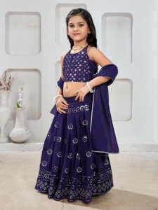 Conjunto de Lehenga Choli Shoryam para Niñas, Azul Marino, con Lentejuelas, Completamente Cosido, Largo hasta el Suelo, con Dupatta, Ropa Étnica para Fiestas y Bodas | - Product Image 3