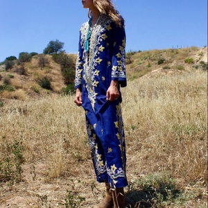 Bohemian Blue Floral Embroidered Organza V-neck Maxi Dress Three Quarter Sleeve Loose Fit Cotton Ankle Length <b>Summer</b> Women ODM - Product Image 1