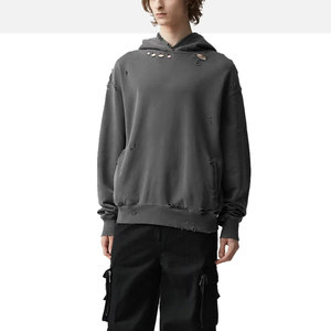 En vrac 100% coton lavé à l'acide hommes sweats à capuche à la mode en détresse imprimé motif tricoté vêtements de travail basiques grande taille - Product Image 6
