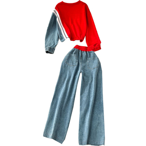 Ensemble 2 pièces pour femmes tendance et confortable pour l'hiver, sweat-shirt à manches longues à blocs de couleur, pantalon large en denim à empiècements - Product Image 5