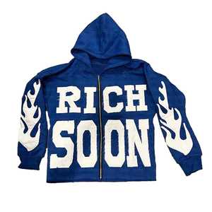 Custom Distressed Applique Patch Embroidery Vintage Acid Washed Hoodie <b>Men</b> Zip <b>Thermal</b> Fleece Distinctive Print Pattern ODM - Product Image 5