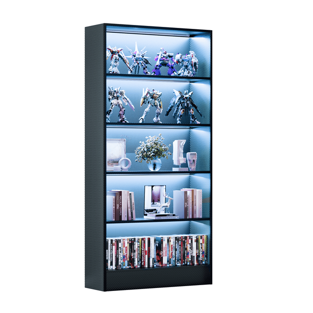 RGB LED Display Cabinet with Carbon Fiber Texture, Tall 5-Tier Gaming Bookshelf with Anti-Tipping Design