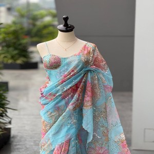 Sari VASTRA COTTAGE de georgette sintética pura con cuentas y lentejuelas, hecho a mano, con blusa sin coser a juego, sari para fiesta. - Product Image 3