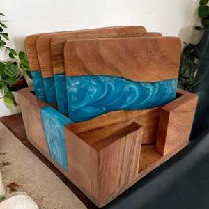 Set of 4 <b>Resin</b> <b>Wood</b> Drink Coasters in Modern Walnut with Unique Holder Perfect <b>for</b> Home Restaurant <b>Table</b> Decor Accessory - Product Image 3