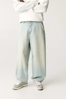 Jeans Homme Bleu Clair Coupe Droite Personnalisable avec Logo OEM, 100% Coton Épais 12oz, Jambe Large, Imprimé Écologique, Grandes Tailles
