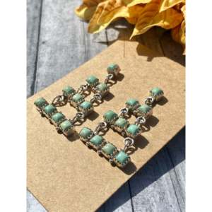 Sam Arviso Navajo Handmade Kingman Turquoise & Sterling Silver Drop <b>Earrings</b> Geometric <b>Post</b> Dangle Design - Product Image 3