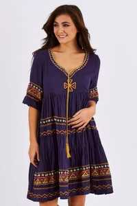 Lo más nuevo bohemio Casual mujeres vacaciones corto Maxi vestido señora bordado cuello en V media manga tela de rayón señoras Maxi vestido - Product Image 2